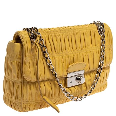 Prada Yellow Nappa Gaufre Leather Chain Flap Shoulder Bag